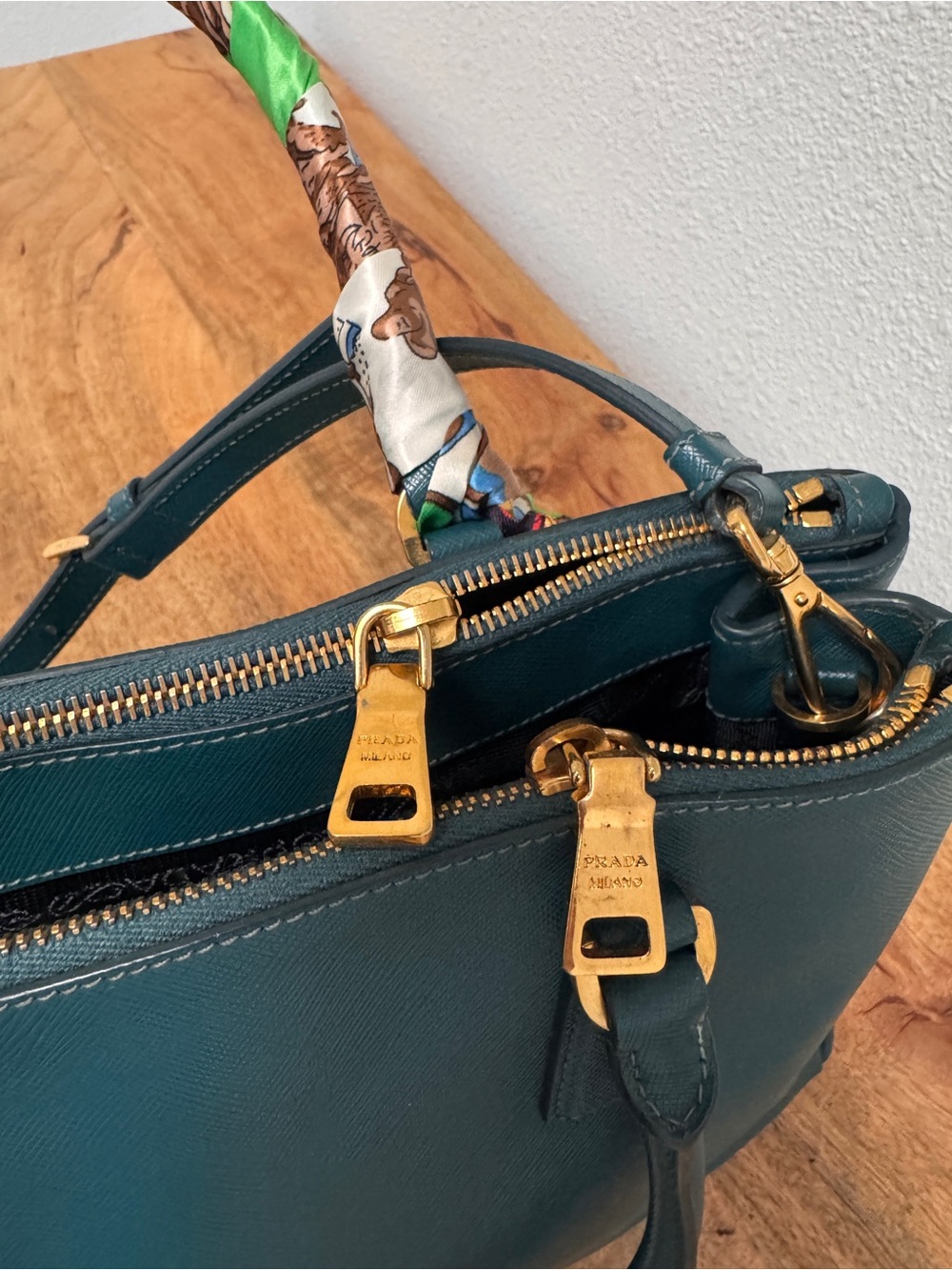 Prada Teal Saffiano Leather Satchel pm with Green Charm and Scarf-Wrapped Handle - Picture 5 of 9
